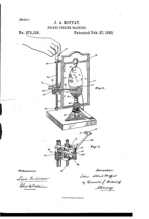 Patent drawing of a hand-cranked potato peeling machine showing a potato speared on a fork with a curved knife on a screw-driven frame, plus a detail view of the knife-holder mechanism.