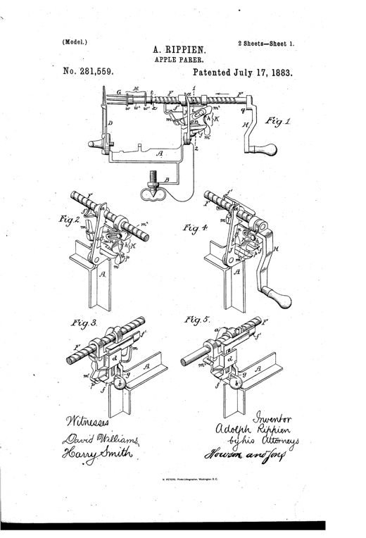Technical patent drawing of a hand-crank apple-parer mechanism showing a threaded fork-shaft, pivoting nut lever, locking bolt, cam lever, and core-pusher disk, with multiple perspective views labeled Fig. 1 through Fig. 9.