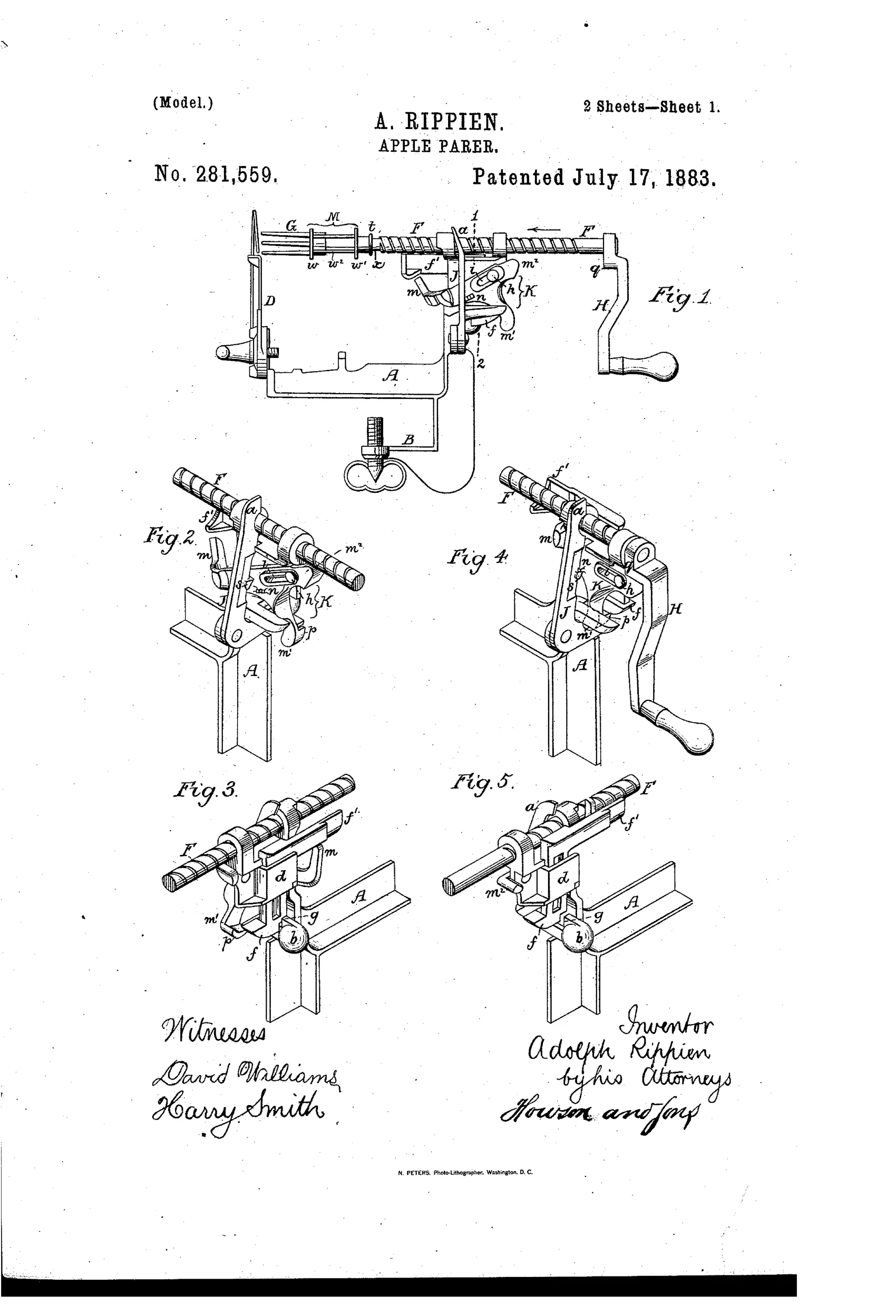 Technical patent drawing of a hand-crank apple-parer mechanism showing a threaded fork-shaft, pivoting nut lever, locking bolt, cam lever, and core-pusher disk, with multiple perspective views labeled Fig. 1 through Fig. 9.