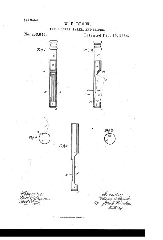 Patent drawing of a slender tubular hand tool with a turned wooden handle, showing front and side views with labeled parts a, b, c, m, and a cutting edge e at the tip, plus two small circular cross-sections and a modified elongated version.
