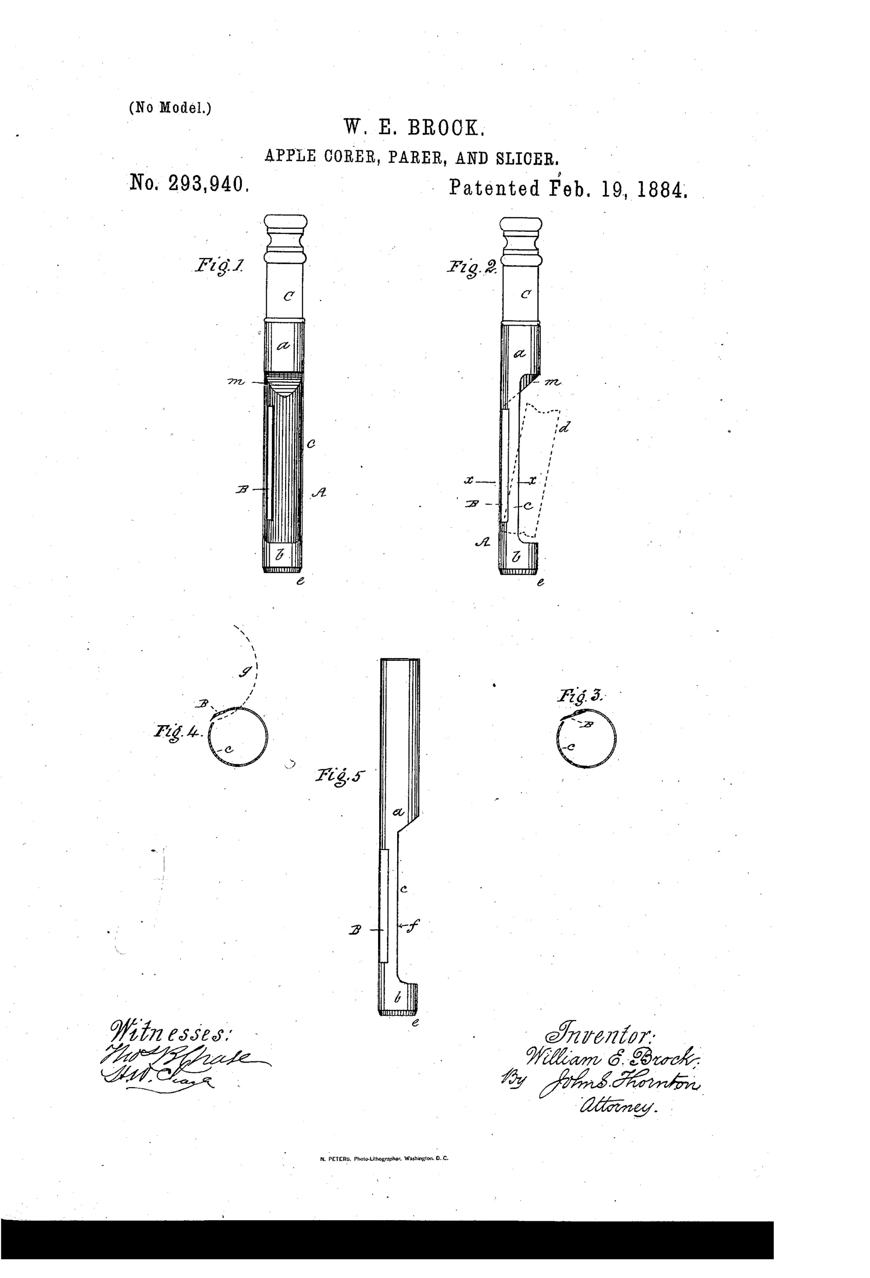 Patent drawing of a slender tubular hand tool with a turned wooden handle, showing front and side views with labeled parts a, b, c, m, and a cutting edge e at the tip, plus two small circular cross-sections and a modified elongated version.