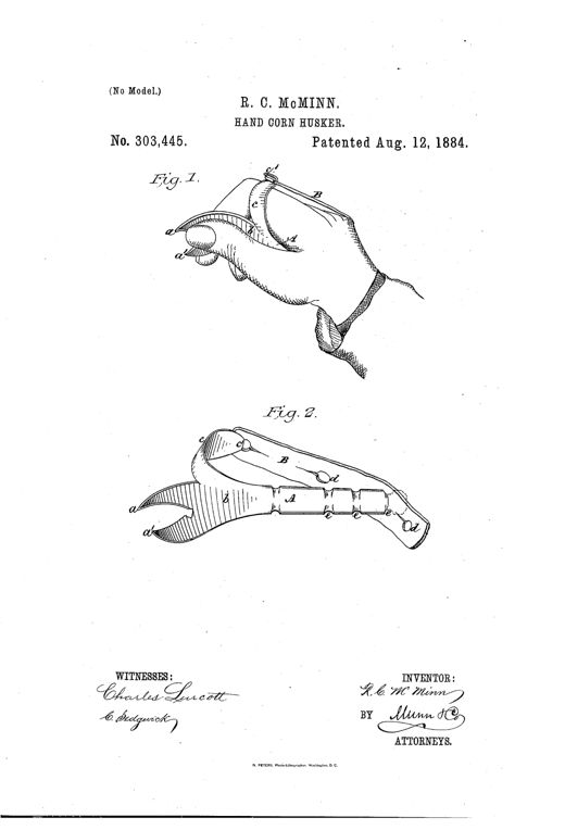 Line drawing of a metal hand corn-husker with forked concave claws strapped over a hand by an adjustable leather band, shown both worn on the hand and as a standalone plate.