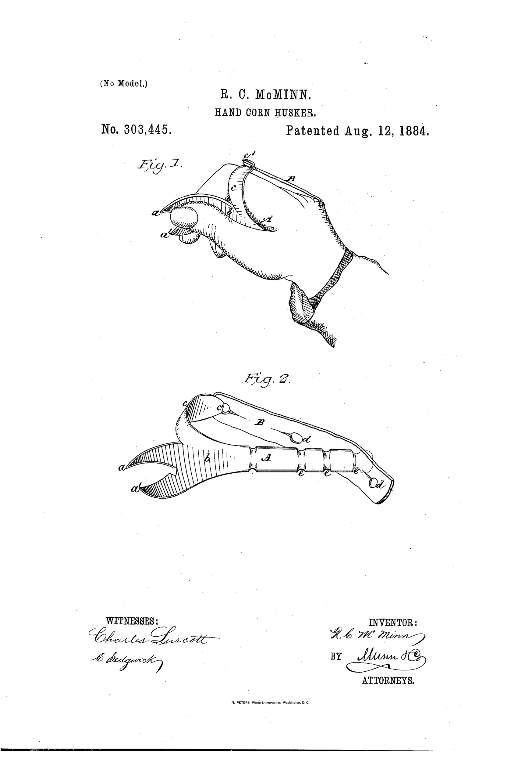 Line drawing of a metal hand corn-husker with forked concave claws strapped over a hand by an adjustable leather band, shown both worn on the hand and as a standalone plate.