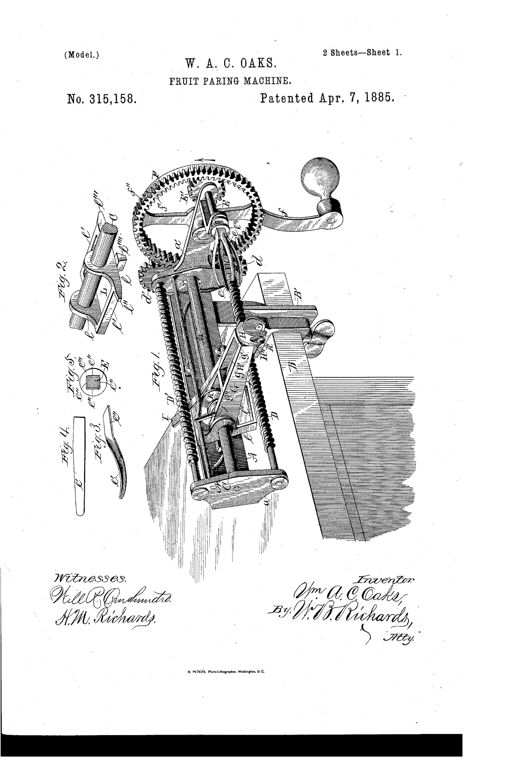 Patent drawing of a hand-cranked fruit-paring machine showing a geared drive-wheel, twin feed-screws, a fork-shaft with spring prongs, and an oscillating paring knife mounted on a sliding frame.