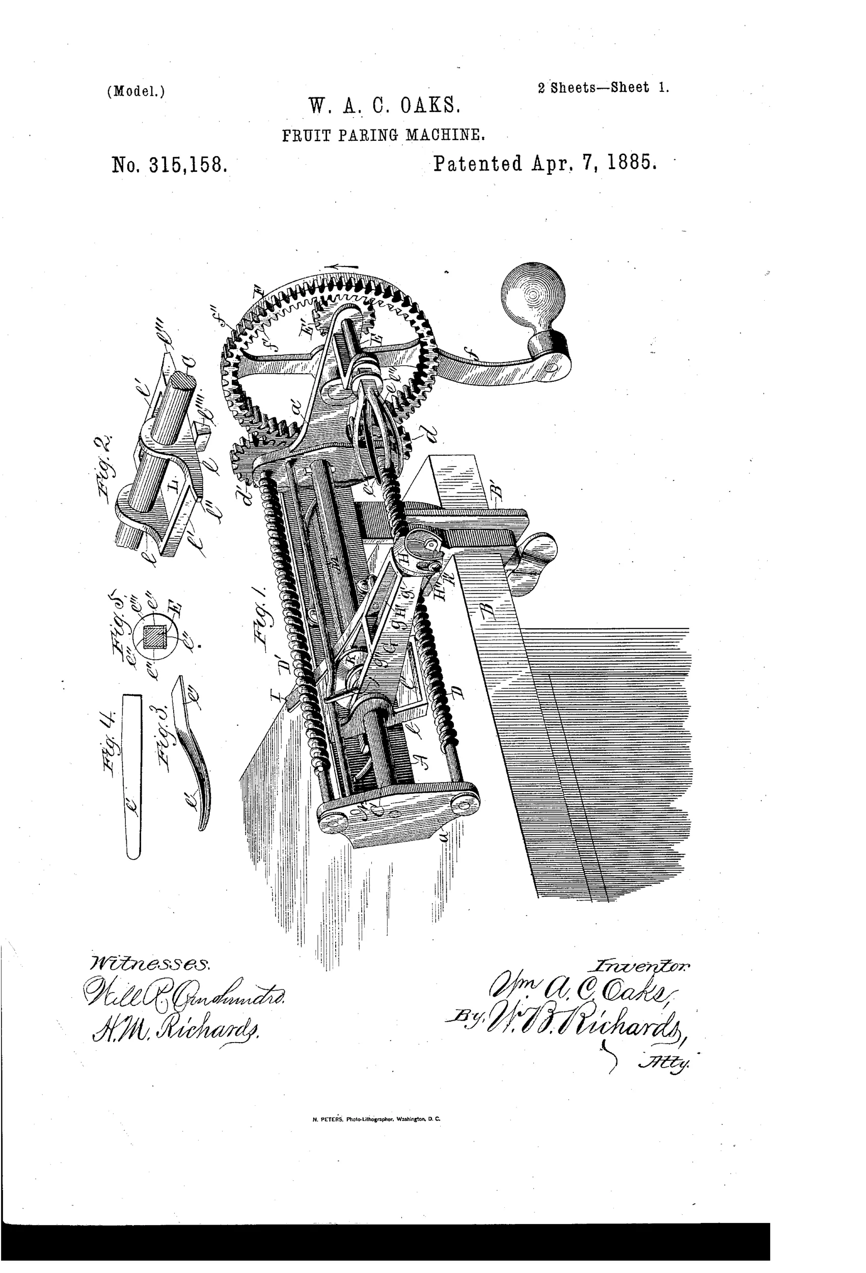 Patent drawing of a hand-cranked fruit-paring machine showing a geared drive-wheel, twin feed-screws, a fork-shaft with spring prongs, and an oscillating paring knife mounted on a sliding frame.