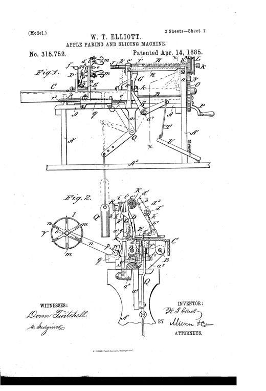 Patent drawing of a 19th-century cast-iron apple paring and slicing machine mounted on wooden standards, showing a hand crank, gear train, sliding table with knife-stock, rotating fork, and a wire cup device for loading apples.