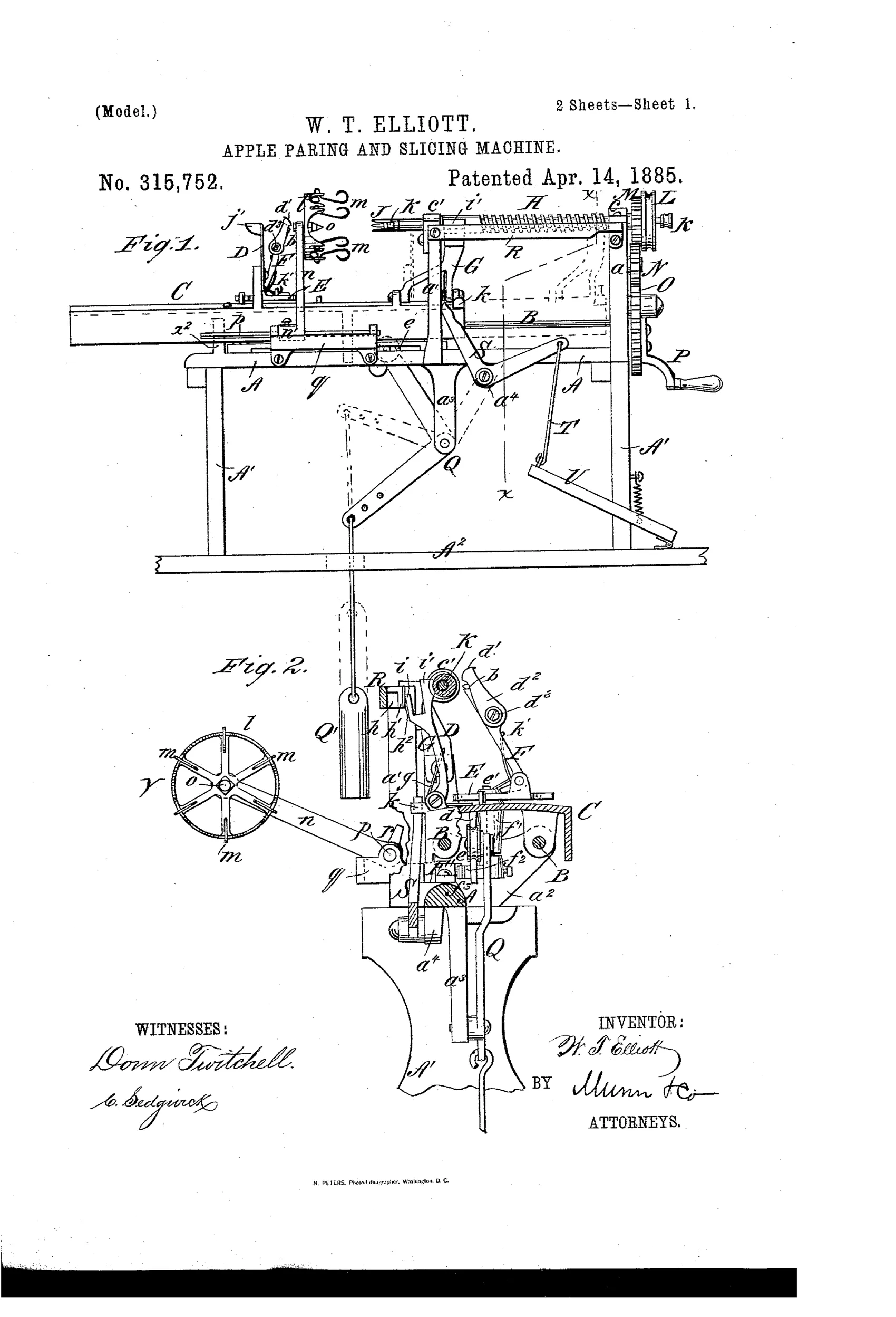 Patent drawing of a 19th-century cast-iron apple paring and slicing machine mounted on wooden standards, showing a hand crank, gear train, sliding table with knife-stock, rotating fork, and a wire cup device for loading apples.