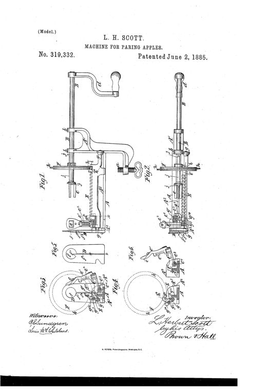 Patent drawing of a hand-cranked apple paring machine showing a fork-spindle with crank handle, a cast frame with rack and cam disk, a swinging paring knife arm, and a coring/slicing knife, with detail views of the knife blank and mechanism sections.