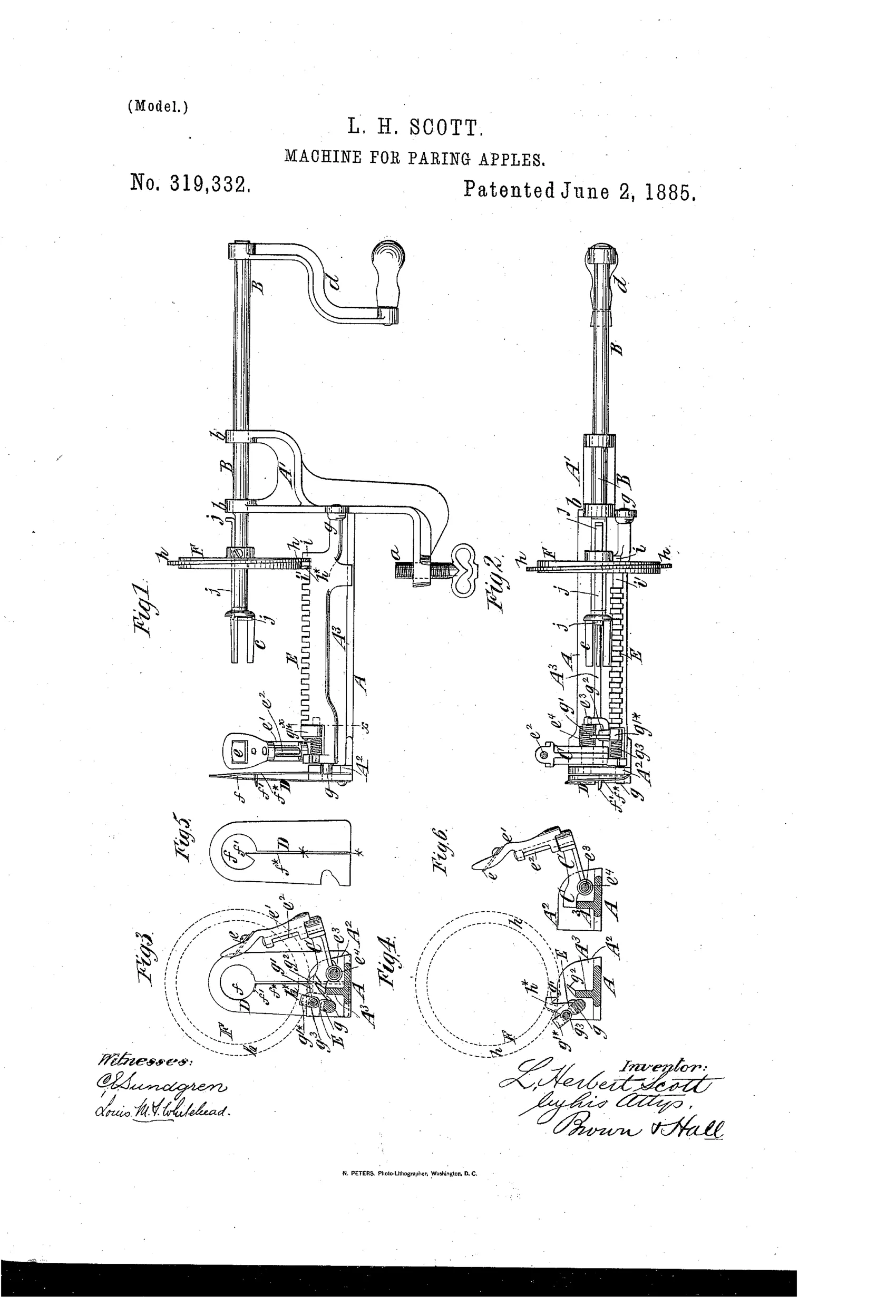 Patent drawing of a hand-cranked apple paring machine showing a fork-spindle with crank handle, a cast frame with rack and cam disk, a swinging paring knife arm, and a coring/slicing knife, with detail views of the knife blank and mechanism sections.