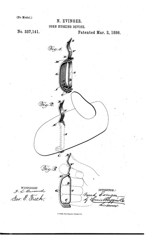 Patent drawing showing a curved metal husking pin with a hook and pointed tip, fitted with a perforated leather strap, along with a view of the pin attached to a mitten and an edge view showing finger placement in dotted lines.