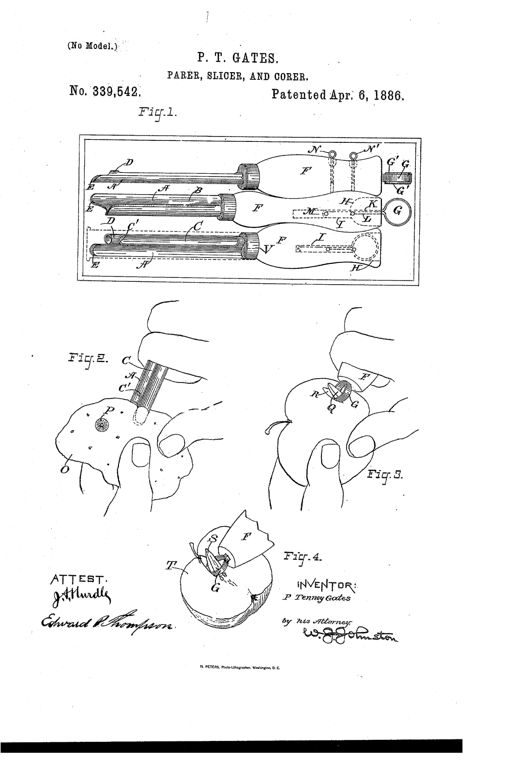 Patent drawing showing three parer-slicer-corer tools with grooved blades, handles, and coring rings, plus hand-drawn scenes of the tools coring an apple and removing specks from a potato.