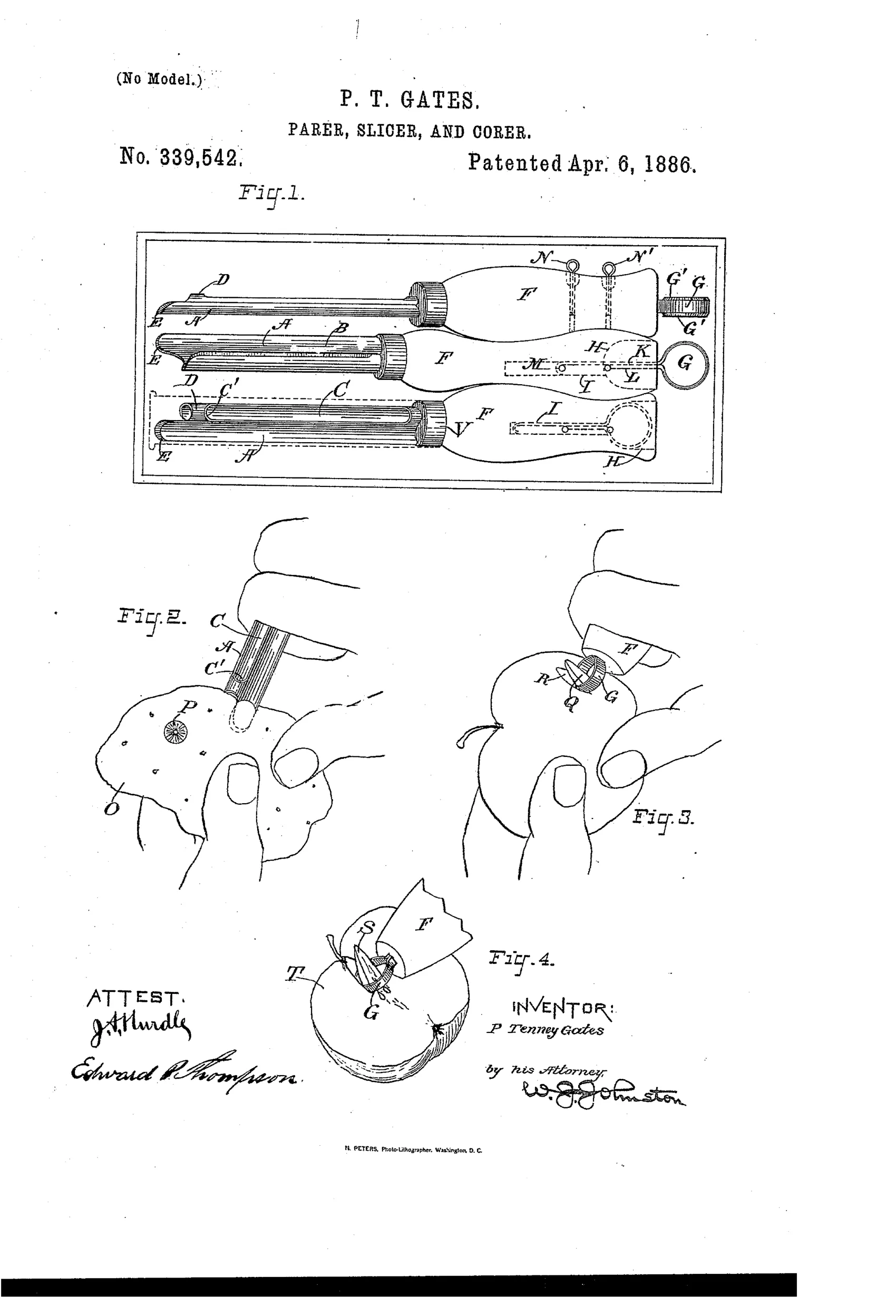 Patent drawing showing three parer-slicer-corer tools with grooved blades, handles, and coring rings, plus hand-drawn scenes of the tools coring an apple and removing specks from a potato.