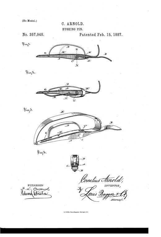 Patent drawing of a curved metal husking pin with a pivoting blade, finger strap, and knuckle-protecting strap, shown in four figures illustrating open, closed, perspective, and cross-section views.