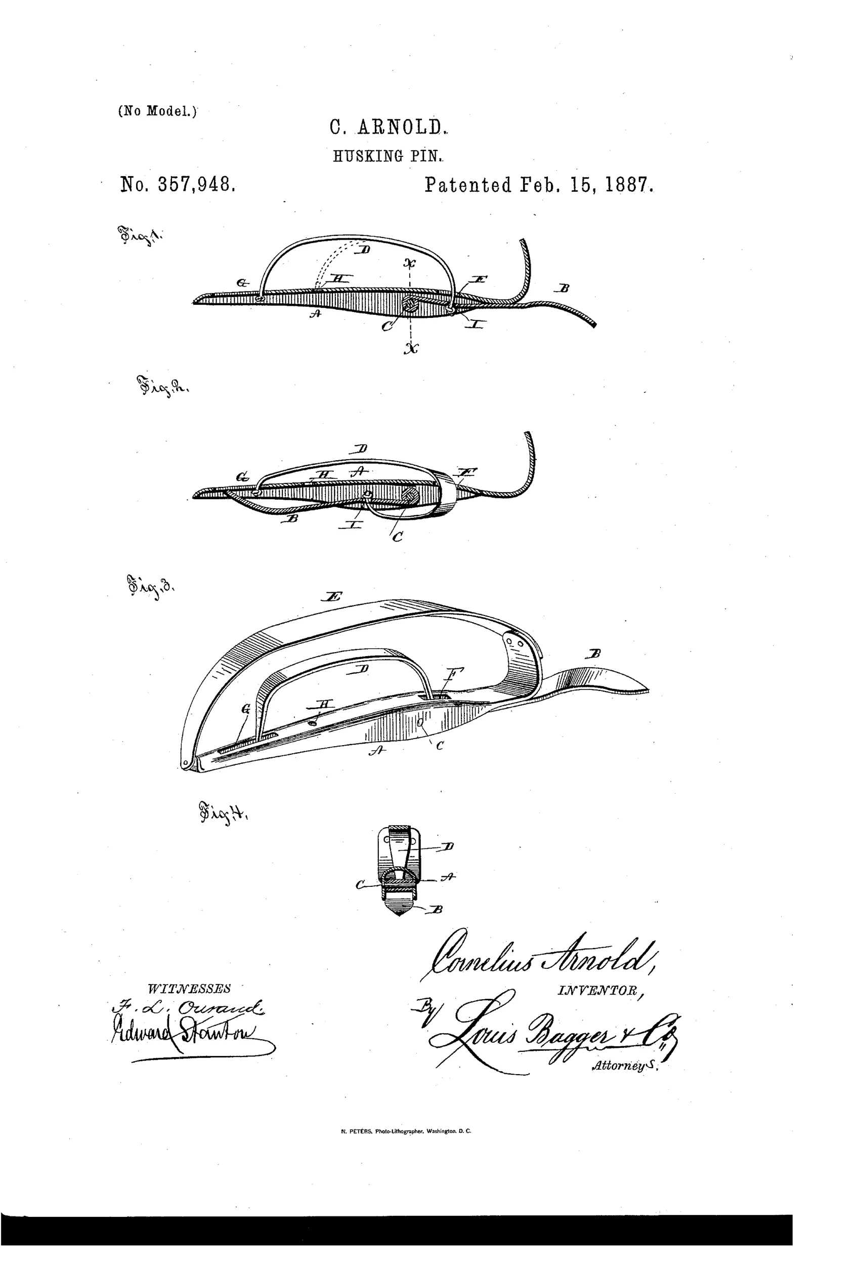 Patent drawing of a curved metal husking pin with a pivoting blade, finger strap, and knuckle-protecting strap, shown in four figures illustrating open, closed, perspective, and cross-section views.