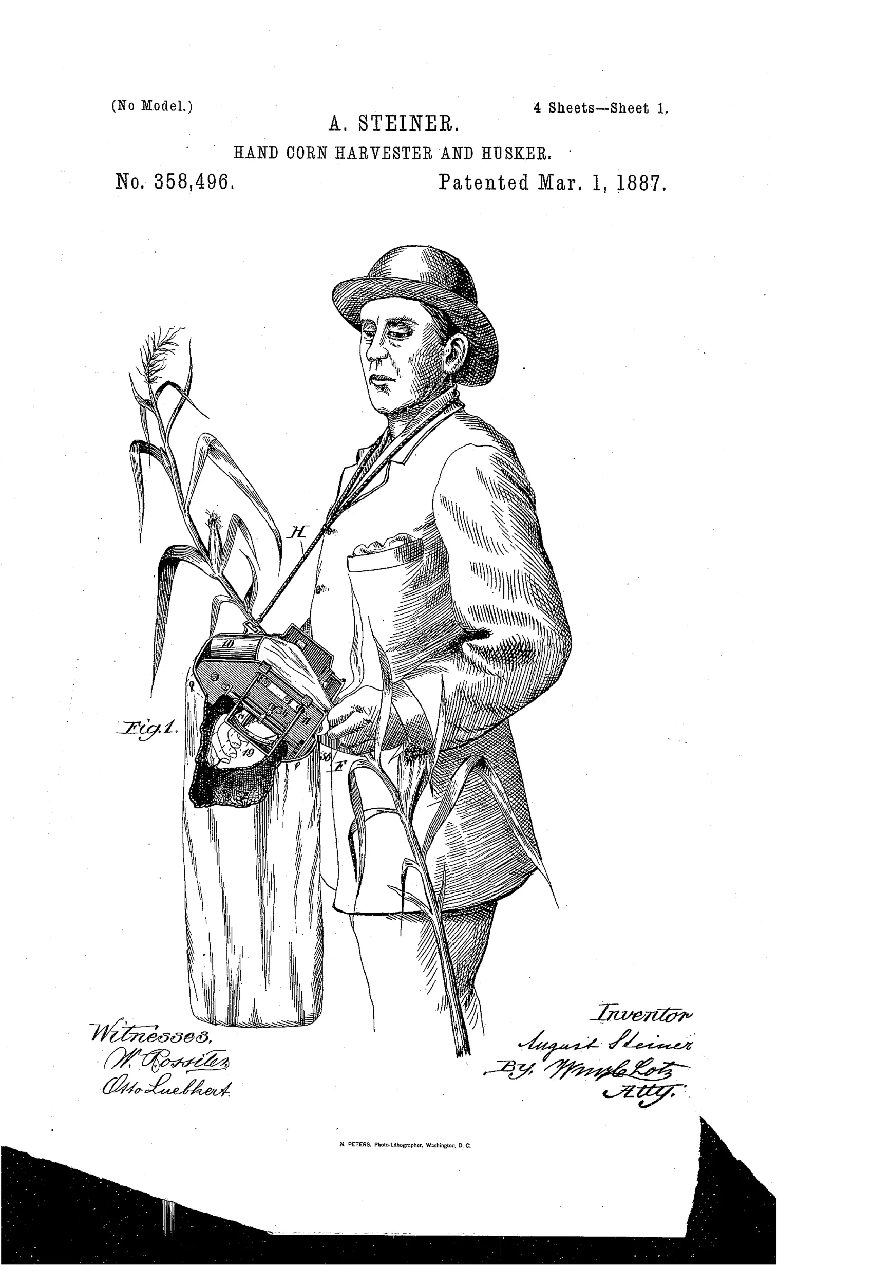 Patent drawing of a man wearing a hand-held corn harvester and husker strapped to his body, holding a corn stalk while operating the mechanical jaw device with his other hand; additional mechanical detail sheets show the internal cutter blades, spring-loaded husking jaws, gear mechanism, and a body-attachment belt.