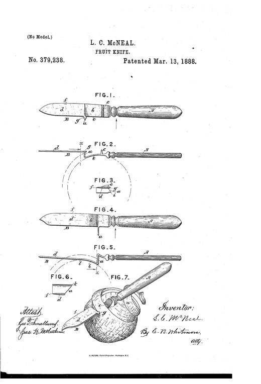 Patent drawing showing a fruit knife with a wooden handle and a specially curved, angled blade featuring a separator and small cutter, including a perspective view of the knife peeling an orange.