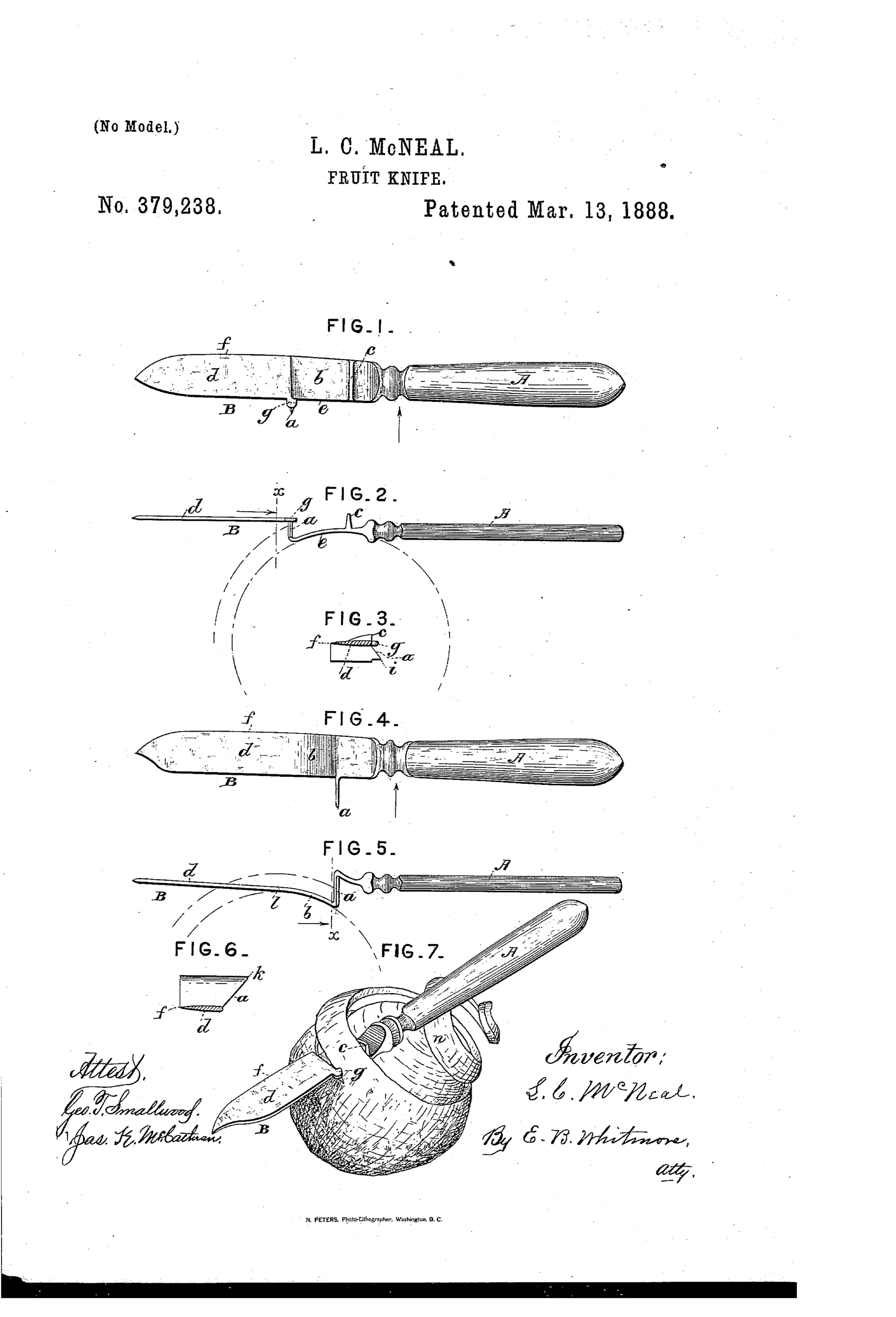 Patent drawing showing a fruit knife with a wooden handle and a specially curved, angled blade featuring a separator and small cutter, including a perspective view of the knife peeling an orange.