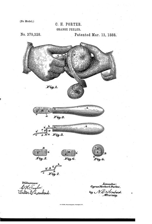 Engraving of two hands holding an orange and a small curved-bladed knife, peeling a continuous ribbon of orange peel, with additional detail drawings of the blade's shank and curved cutting sections below.