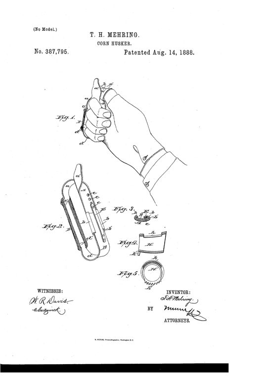 Patent drawing showing a hand wearing a curved metal corn-husking implement strapped across the palm with a toothed thimble on the thumb, alongside detached views of the sliding two-part frame and thimble.