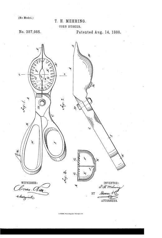 Patent drawing of a scissor-like corn husker with two long loop handles, curved toothed jaws that close into a cup shape with a central hole, and a side view showing the angled blade and pivot pin.