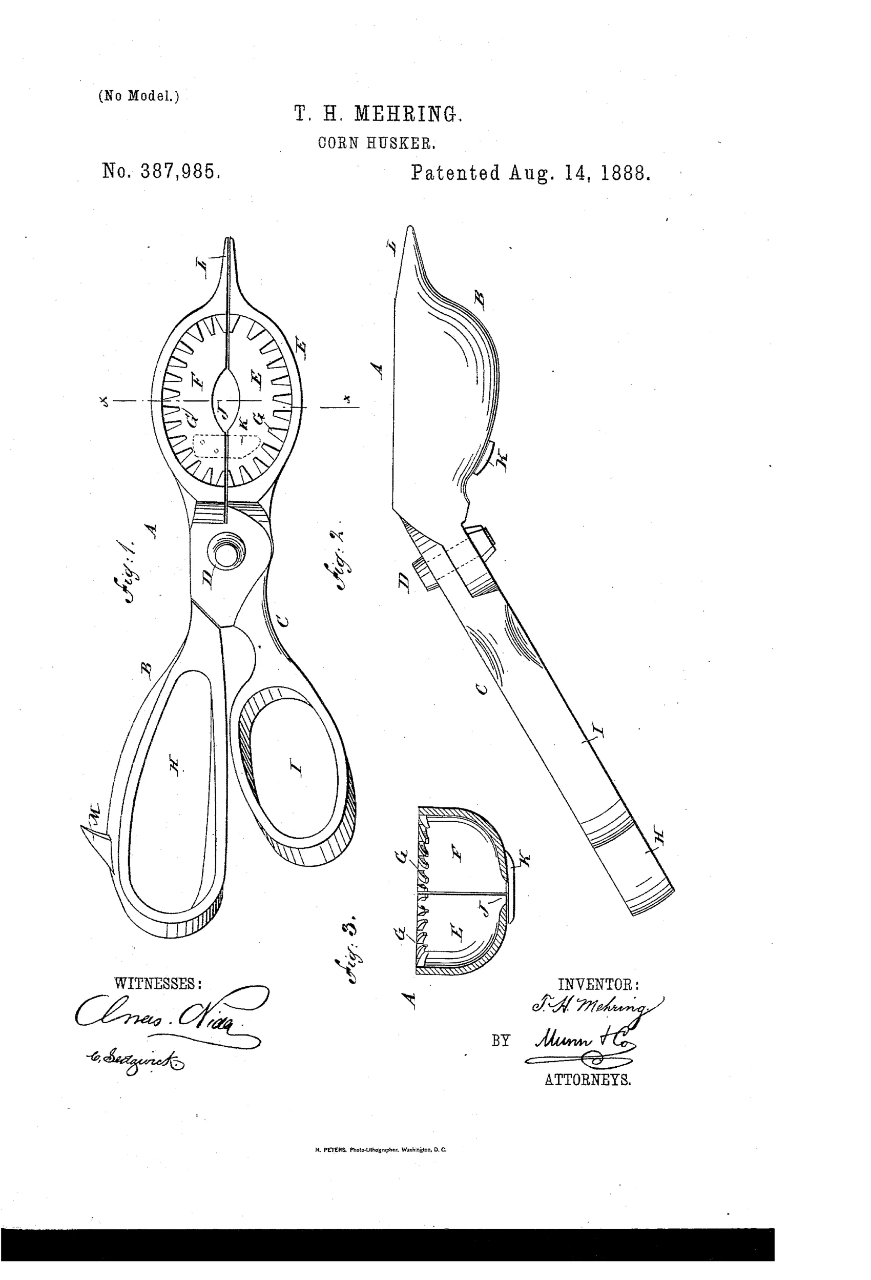 Patent drawing of a scissor-like corn husker with two long loop handles, curved toothed jaws that close into a cup shape with a central hole, and a side view showing the angled blade and pivot pin.
