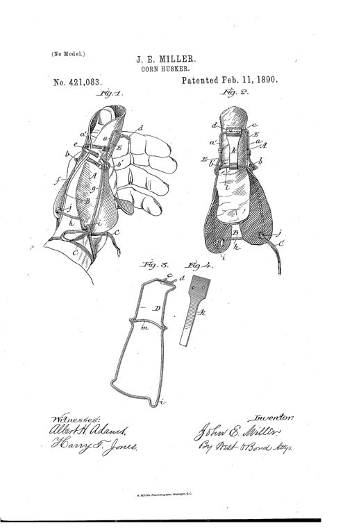 Patent drawing showing a wire and leather corn-husking device strapped onto a human thumb, with labeled parts including prongs, side bars, cross-bar, and lacing straps, alongside detail views of the bent wire form and metal securing strip.