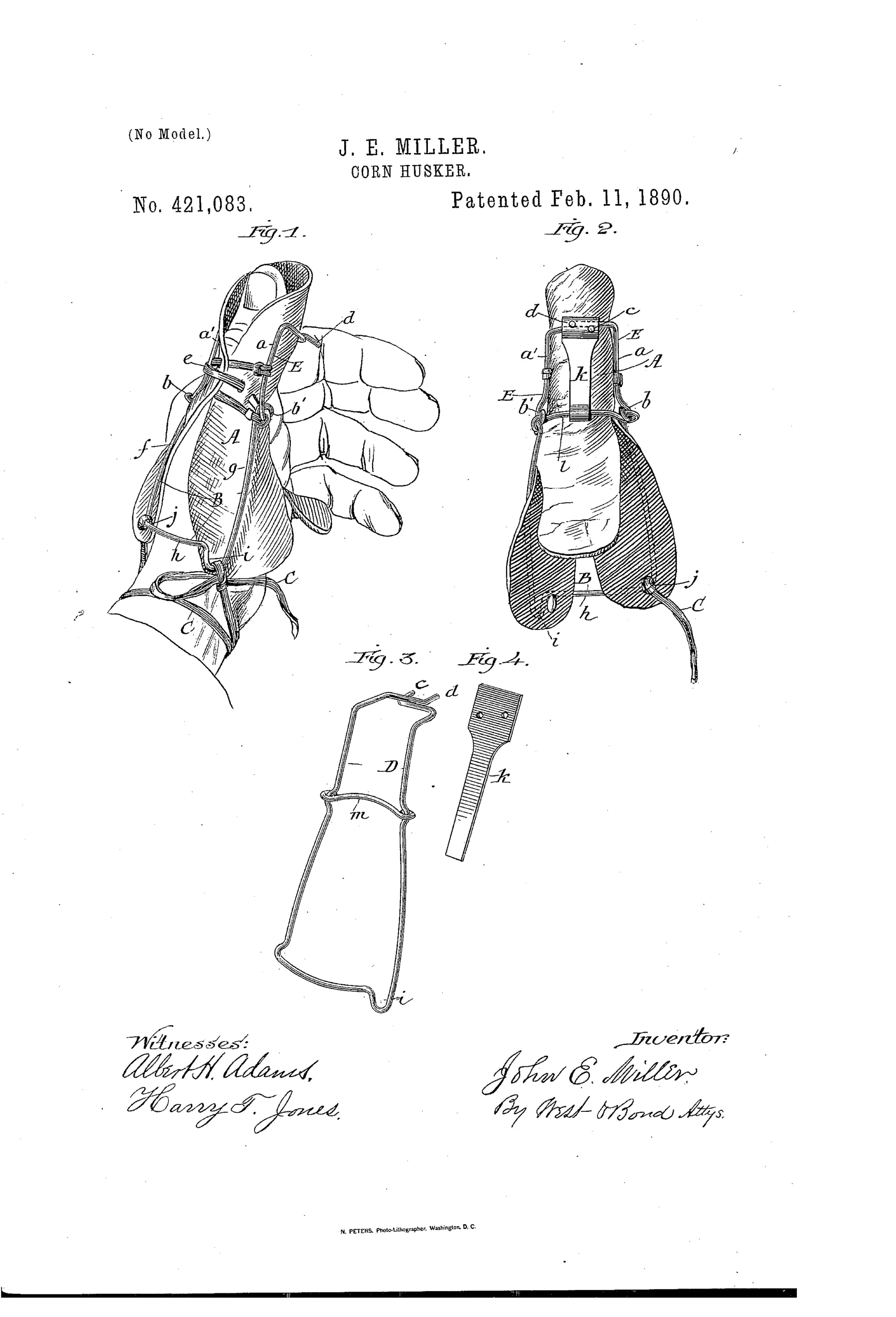 Patent drawing showing a wire and leather corn-husking device strapped onto a human thumb, with labeled parts including prongs, side bars, cross-bar, and lacing straps, alongside detail views of the bent wire form and metal securing strip.