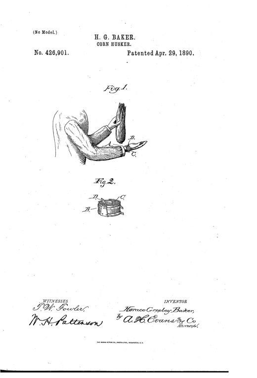 Drawing of a forearm wearing a strap-mounted hook device, with one hand holding an ear of corn near the hook, and a second detail view of the strap and hook assembly alone.
