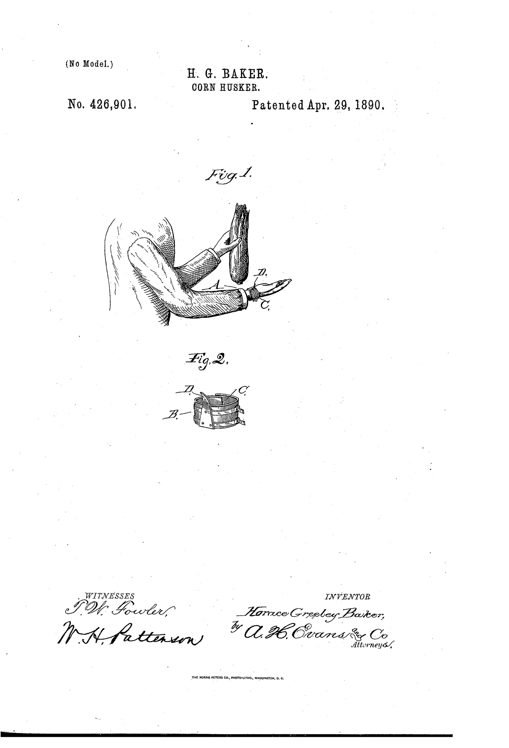 Drawing of a forearm wearing a strap-mounted hook device, with one hand holding an ear of corn near the hook, and a second detail view of the strap and hook assembly alone.