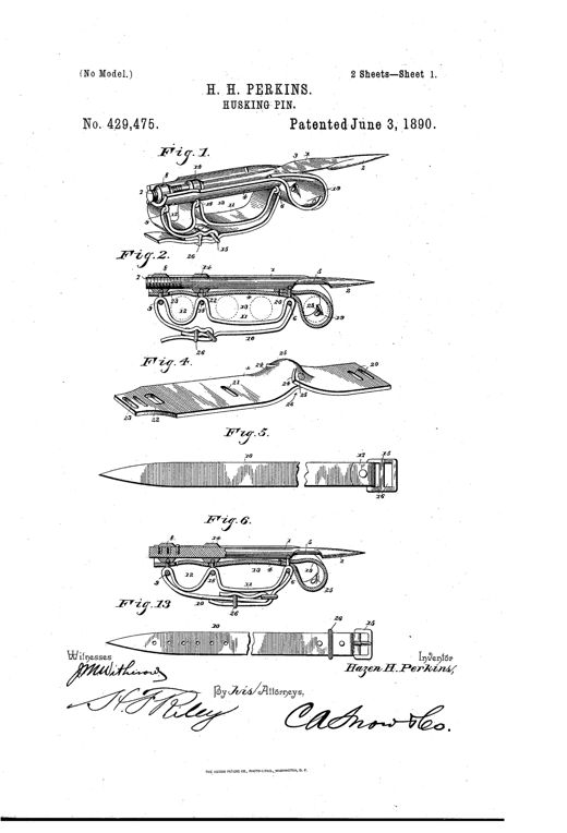Patent drawing of a metal husking pin with a pointed tip, adjustable threaded sleeve, and looped finger straps secured by a buckle, shown in perspective and side-section views with a hand illustrated in dotted lines.