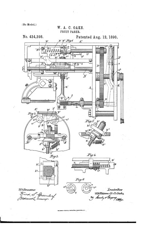 Technical patent drawing of a 19th-century fruit-paring machine showing a geared frame, reciprocating knife-carriage on rails, a curved crank handle, worm gears, and detail insets of the pivoted knife and worm-rack mechanisms.