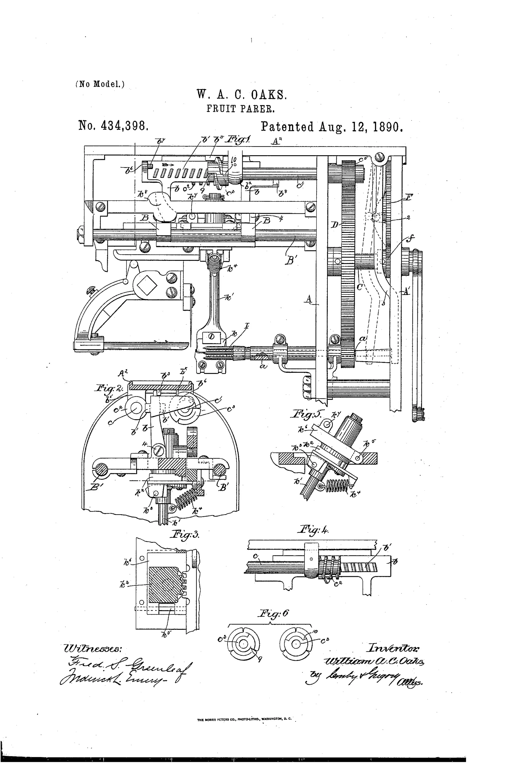 Technical patent drawing of a 19th-century fruit-paring machine showing a geared frame, reciprocating knife-carriage on rails, a curved crank handle, worm gears, and detail insets of the pivoted knife and worm-rack mechanisms.