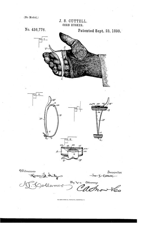 A pen-and-ink patent drawing showing a human hand wearing a metal husking pin strapped around the forefinger, with additional detail views of the curved pin, adjustable strap, and staple fastening mechanism.