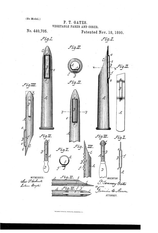 Patent drawing showing multiple views of a tubular vegetable parer and corer with an obliquely cut end and a bent knife-blade mounted along the tube, plus several handled and flat-stock variations labeled Fig. I through Fig. XIII.