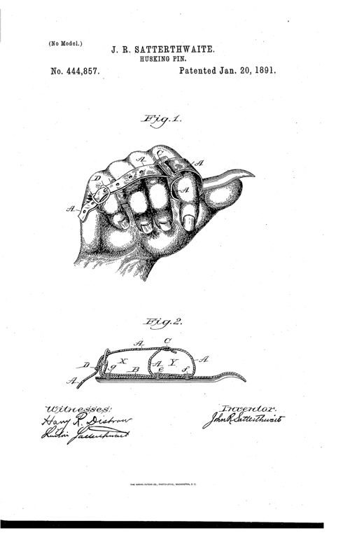 A drawing of a hand wearing a leather husking pin strapped across the fingers with an adjustable buckle, alongside a side-view section showing the strap and loop mechanism labeled with letters A through Y.