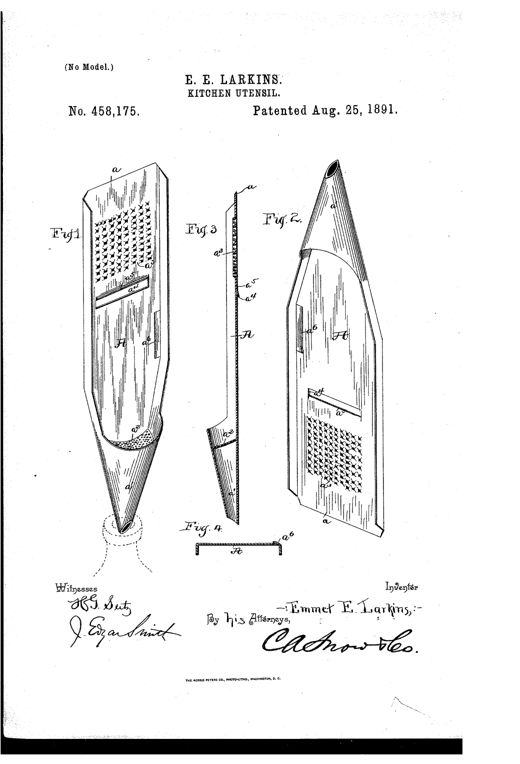 Patent drawing showing a long flat stamped-metal kitchen tool shaped like a funnel-topped blade, with a grater section, angled slicer slot, peeler slit, and pointed cutting end, shown in four views labeled Fig. 1 through Fig. 4.