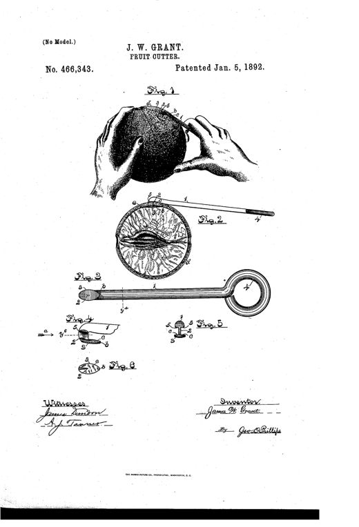 Patent drawing showing two hands holding an orange while inserting a small pointed cutting tool with a shielded blade into its rind, alongside enlarged detail views of the handle, cutter, and shield mechanism.
