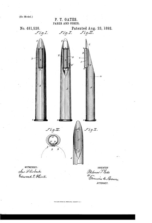Patent drawing of an elongated metal tube shaped like a bullet with a pointed oblique-cut tip, showing a narrow knife-blade set into a longitudinal slot along its length, with cross-section and blank-form views below.