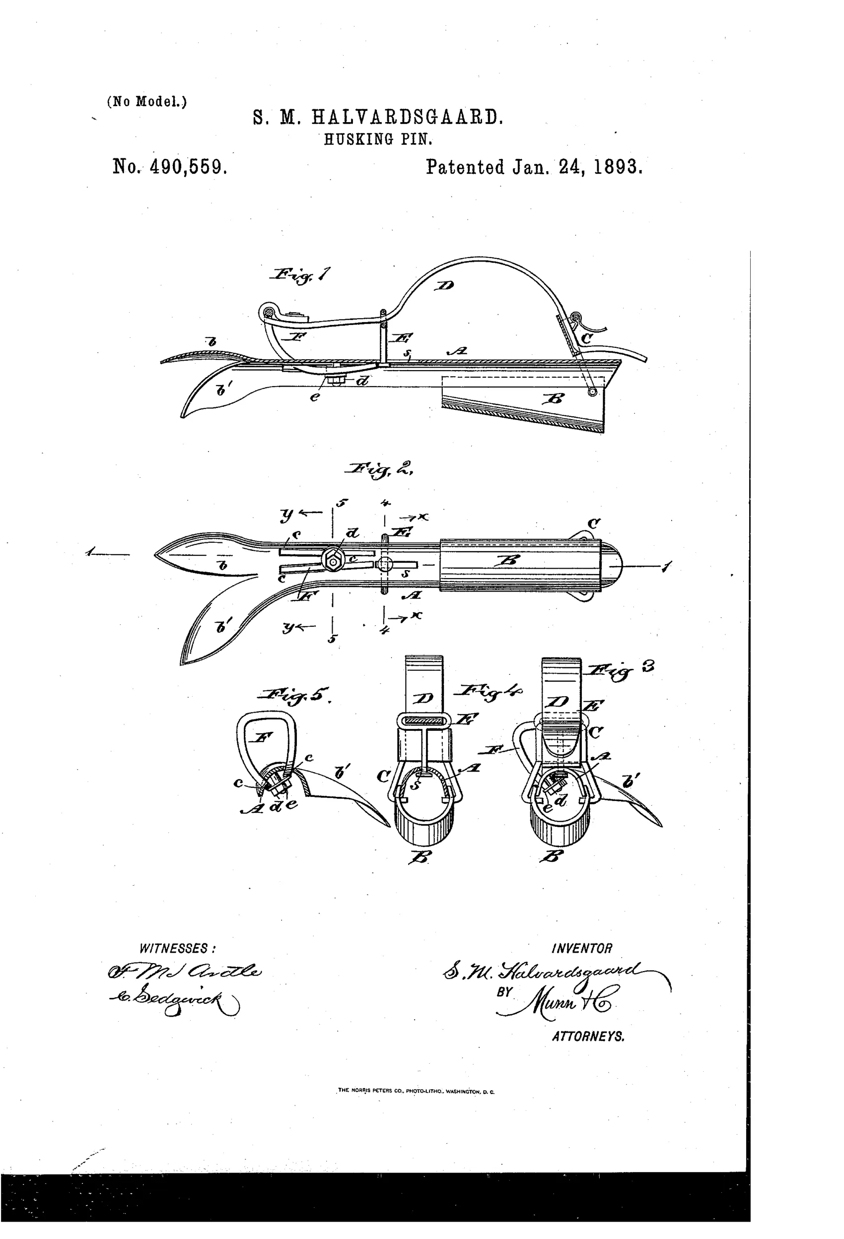 Patent drawing of a hand-held husking pin showing a curved metal plate with forked claws at one end, a sliding palm-piece and buckle at the other, and an adjustable strap with finger loop across the top, along with cross-sectional and end views labeled Figures 1 through 5.