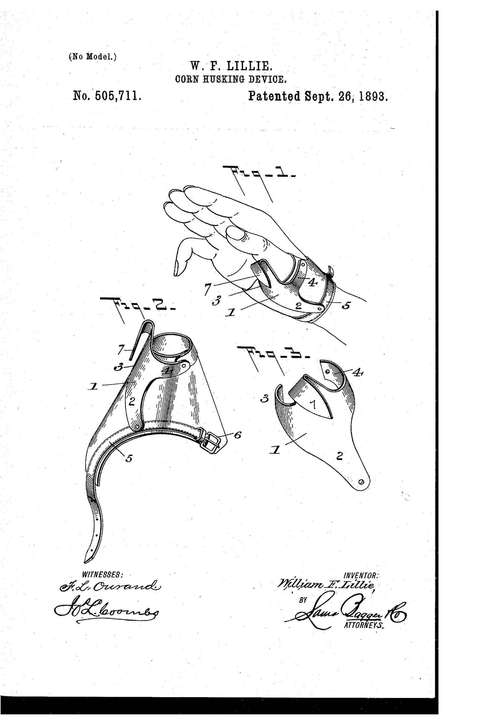 Patent drawing showing a curved metal husking plate strapped to a hand, with an integral hook extending from the thumb area and a wrist strap with buckle, alongside two additional views of the plate and strap detached from the hand.