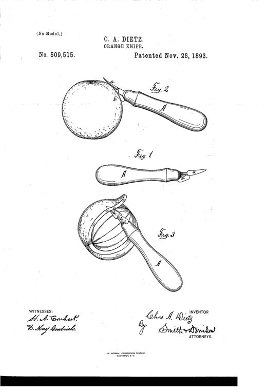 Patent drawing showing an orange knife with a curved handle, a small right-angle cutting blade, and a longer concave loosening blade, illustrated both alone and in use scoring and peeling an orange.
