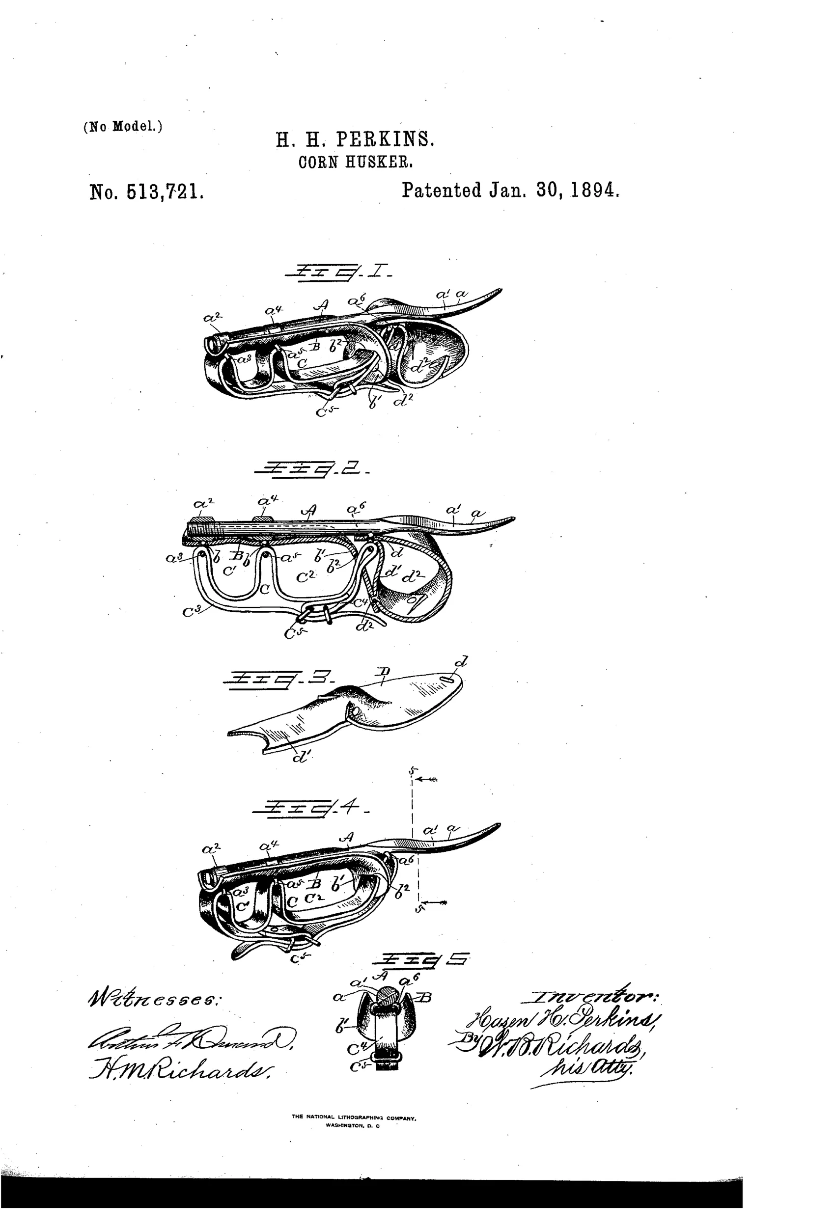 Line drawing of a curved metal husking pin fitted with leather straps forming adjustable loops for the fingers and a guard strap protecting the hand, shown from multiple angles including a cross-section of the finger loop assembly.