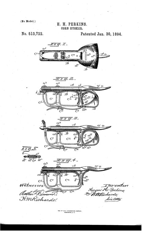 Patent drawing of a hand-held corn husker showing a curved metal pin mounted on a leather strap harness with adjustable finger loops and buckles, illustrated in four views plus a small sectional detail.