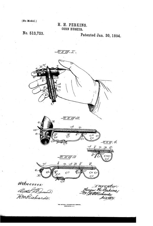 Line drawing of a hand wearing a metal husking pin strapped across the fingers with leather loop straps and a buckle, alongside separate side and sectional views of the pin, straps, rings, and finger cot.