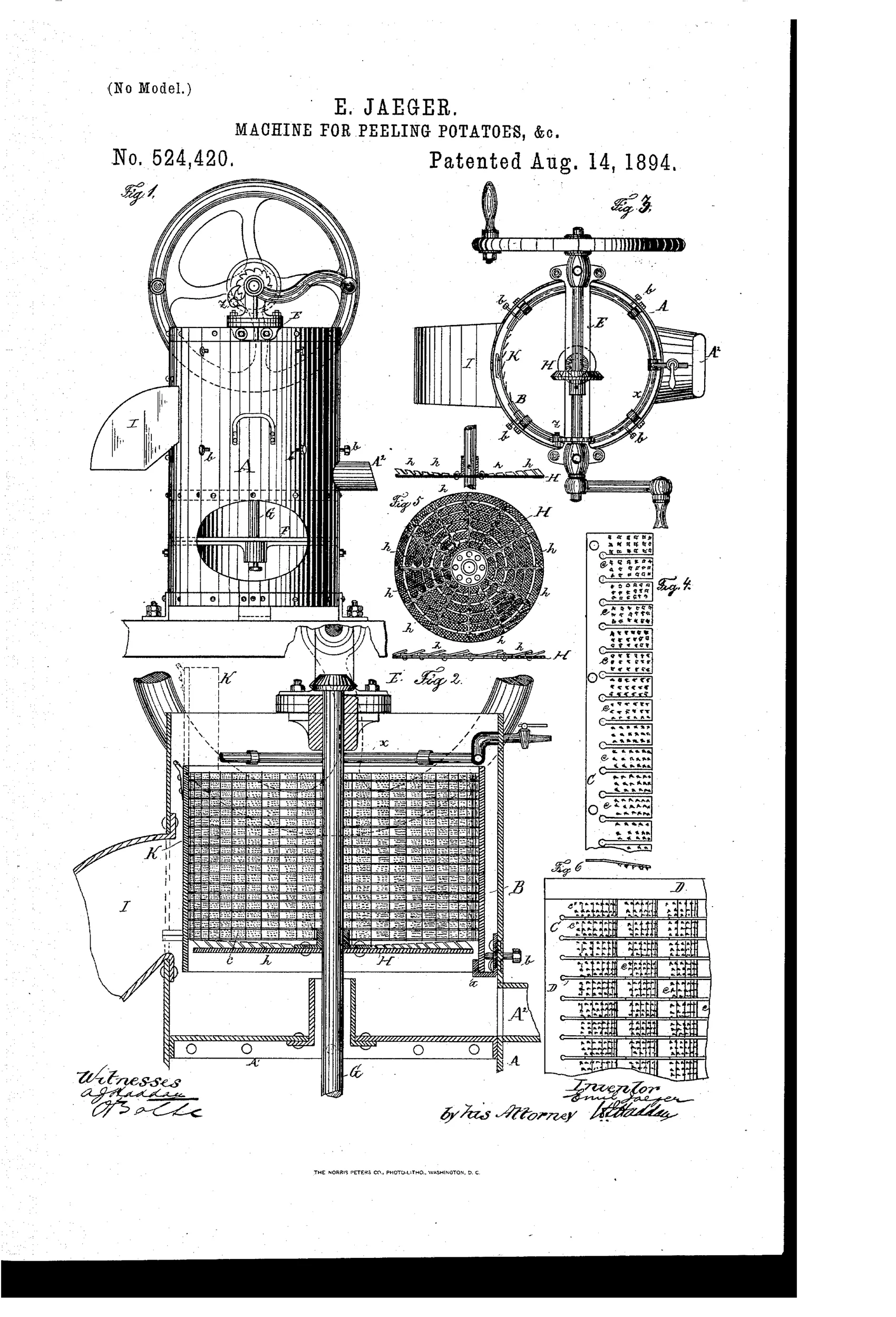 Patent drawing of a cylindrical potato-peeling machine with a hand-crank wheel on top, a vertical rasping chamber, a rotary bottom disk with radial file-like blades, and detail views of the individual spring blades and gearing.