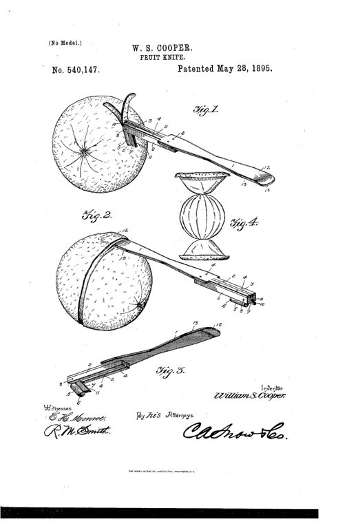 Patent drawing of a hinged fruit knife with a small tubular cutter and gage on one end and a curved rind-lifting extension on the other, shown in use on an orange in several positions.