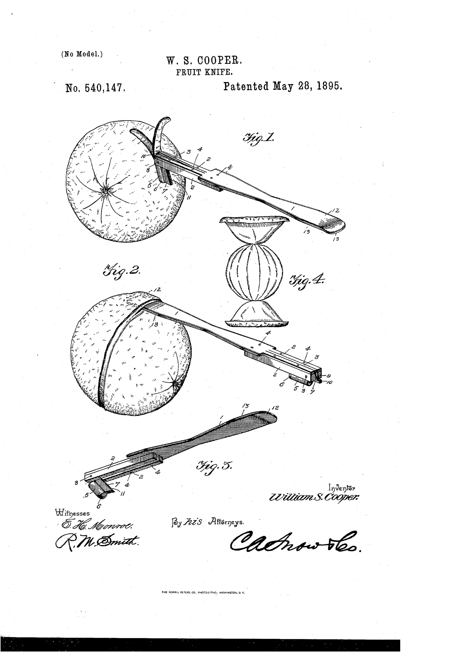 Patent drawing of a hinged fruit knife with a small tubular cutter and gage on one end and a curved rind-lifting extension on the other, shown in use on an orange in several positions.