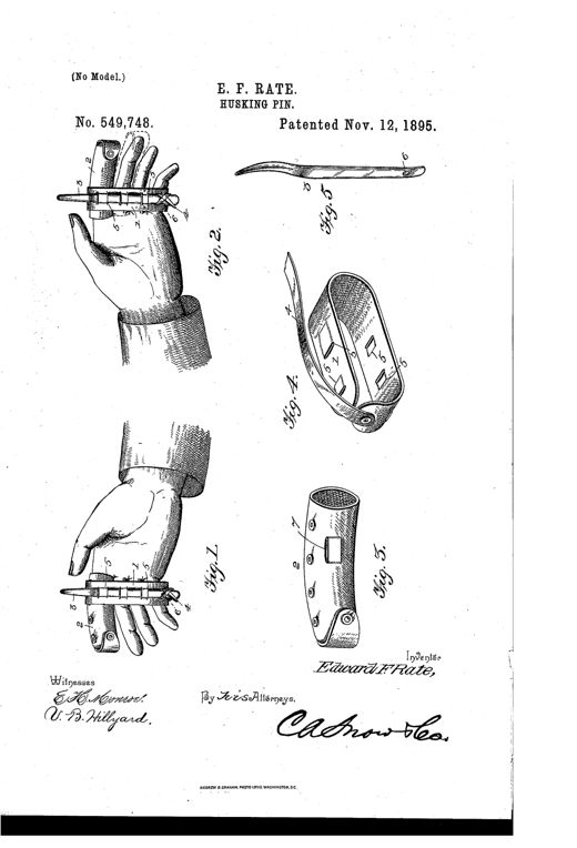 Patent drawing showing a hand wearing a leather strap with a curved metal husking pin laced through slits near the fingers, with separate detail views of the pin, strap, and detachable finger cot.