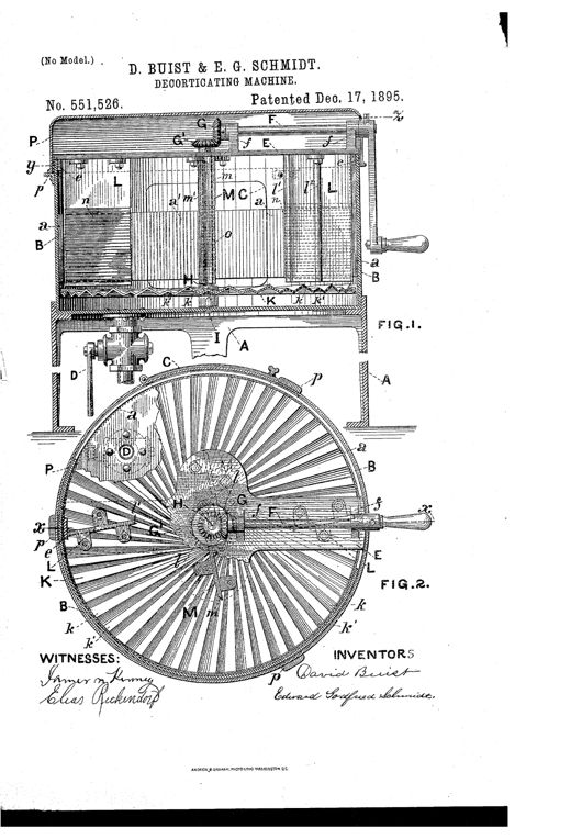 Patent drawing of a cylindrical decorticating machine showing a vertical section with internal corrugated walls, gears, and crank handle in Figure 1, and a plan view of the large radial-corrugated rotating disk with a hand crank in Figure 2.