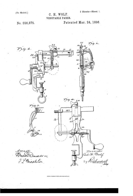 Patent drawing of a hand-cranked vegetable parer with a clamp base gripping a table edge, a vertical standard supporting a spindle and knife arm, a horizontal rack-bar, and a ring-handled crank at the bottom.
